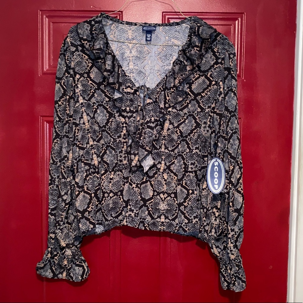 Scoop Black Python Print Ruffle Blouse Size XXL 3X (22) with Tie Front